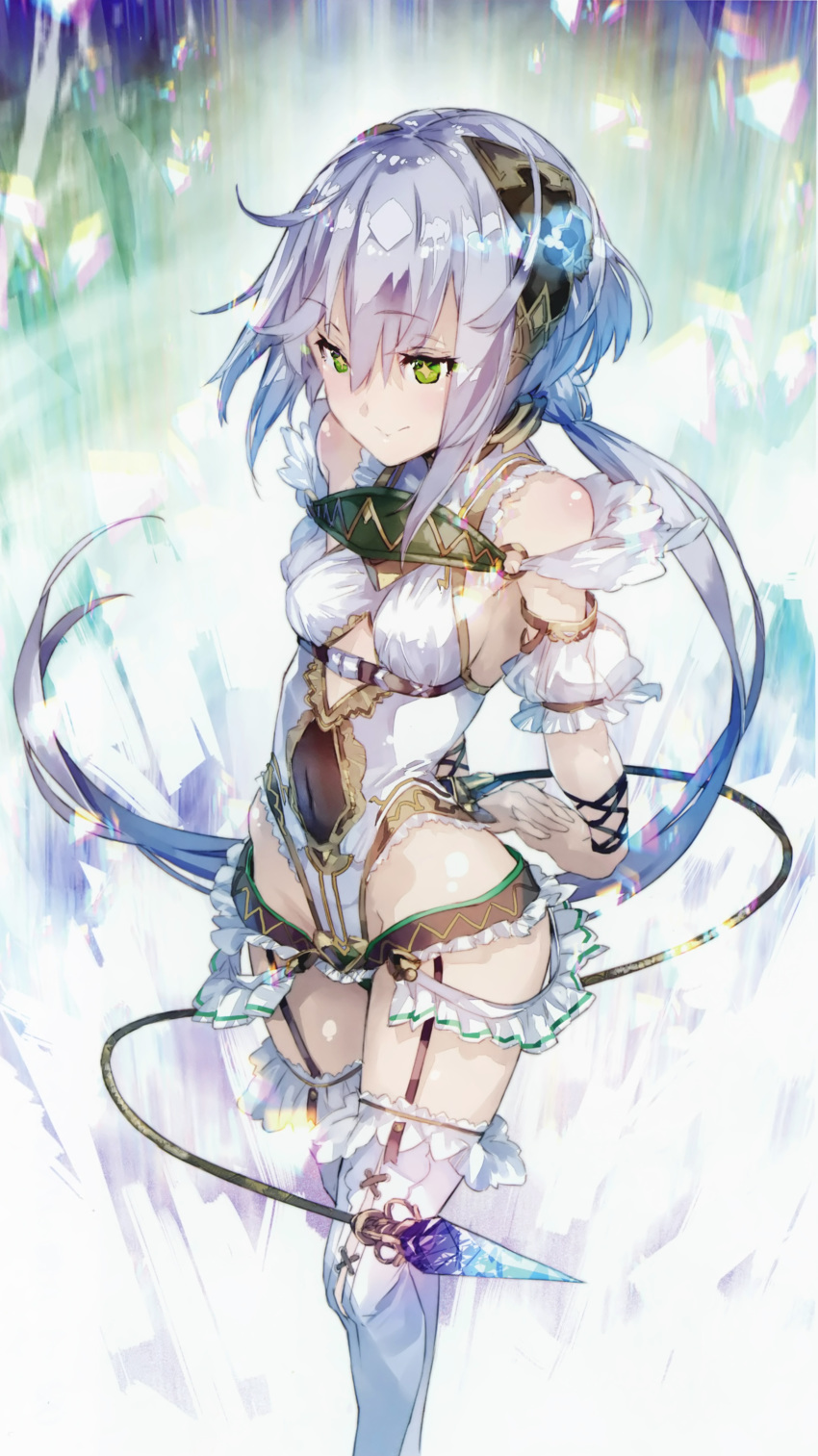 1girl absurdres ahoge arms_behind_back atelier_(series) atelier_sophie bangs bare_shoulders breasts chromatic_aberration closed_mouth covered_navel cross-laced_clothes cross-laced_legwear crystal detached_sleeves eyebrows_visible_through_hair feet_out_of_frame frilled_legwear frilled_leotard frilled_sleeves frills from_side game_cg garter_straps green_eyes groin hair_ornament halterneck highres hip_vent interlocked_fingers legs_together leotard light_smile long_hair long_ponytail looking_afar o-ring off_shoulder official_art parted_bangs plachta ponytail scan short_sleeves sideboob sidelocks silver_hair small_breasts smile solo standing straight_hair tail thighhighs turtleneck underbust very_long_hair white_legwear white_leotard wrist_straps yuugen