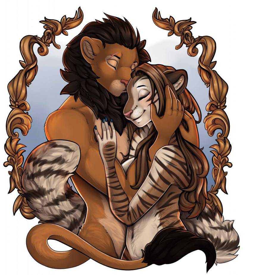 2018 5_fingers anthro black_hair brown_fur brown_hair digital_media_(artwork) duo eyes_closed feline female fur hair hug lion male mammal navel robyn_paperdoll smile striped_fur stripes tan_fur tiger