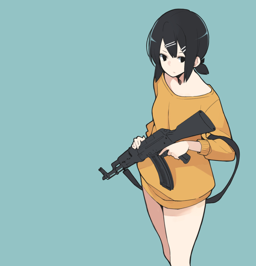 ak-47 akagawa007 assault_rifle black_eyes black_hair gun hair_ornament hairclip highres holding holding_gun holding_weapon no_pants original rifle short_hair short_ponytail simple_background solo sweater weapon