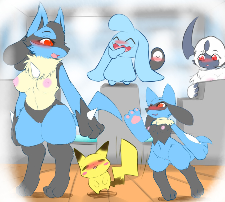 2019 3_fingers 3_toes absol anthro blue_fur blush breasts canid canine claws female fur lucario mammal milkteafox navel nintendo nipples nude pawpads pikachu pok&eacute;mon pok&eacute;mon_(species) pussy red_eyes riolu rodent standing steam toes video_games wynaut