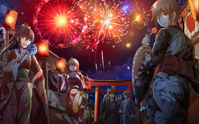 3girls 627247421 :d absurdres ahoge asahina_mikuru bangs black_hair blunt_bangs bow brown_eyes brown_hair brown_kimono closed_eyes cloud collarbone eyebrows_visible_through_hair fan festival fireworks floating_hair floral_print grey_kimono hair_between_eyes hair_bow hand_on_hip high_ponytail highres holding holding_fan holding_mask japanese_clothes kimono koizumi_itsuki kyon long_hair looking_at_viewer looking_back mask multiple_boys multiple_girls nagato_yuki night obi open_mouth outdoors red_kimono running sash short_hair sky smile standing suzumiya_haruhi suzumiya_haruhi_no_yuuutsu torii yellow_bow yukata