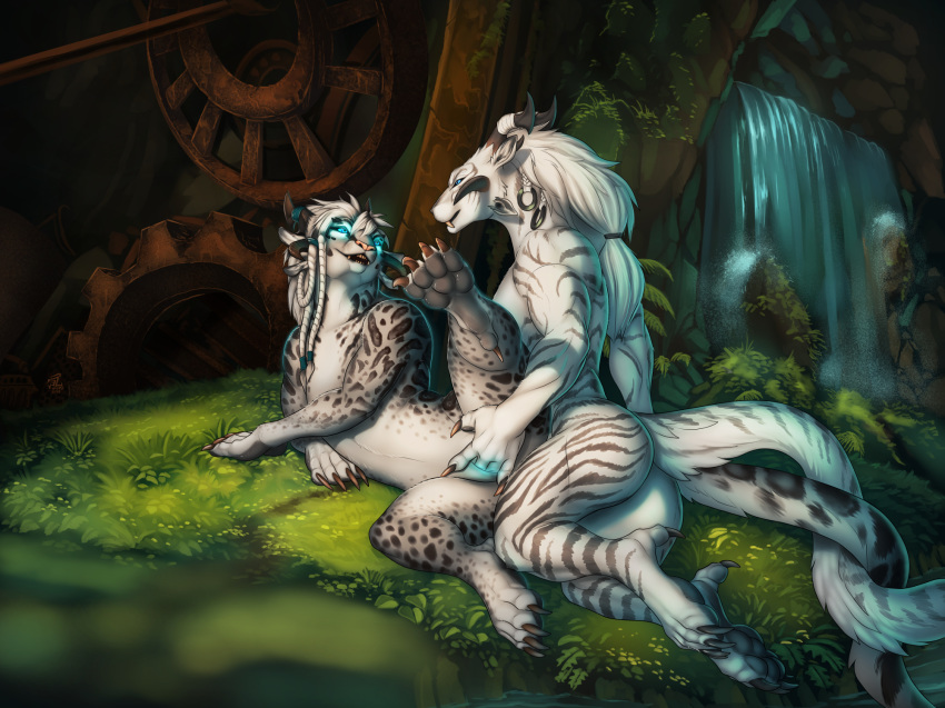 2018 4_toes blue_eyes braided_hair charr day detailed_background feline female female/female fingering grass guild_wars hair horn jackrow maara mammal moss nude open_mouth outside pussy rock teeth toes video_games water waterfall white_hair