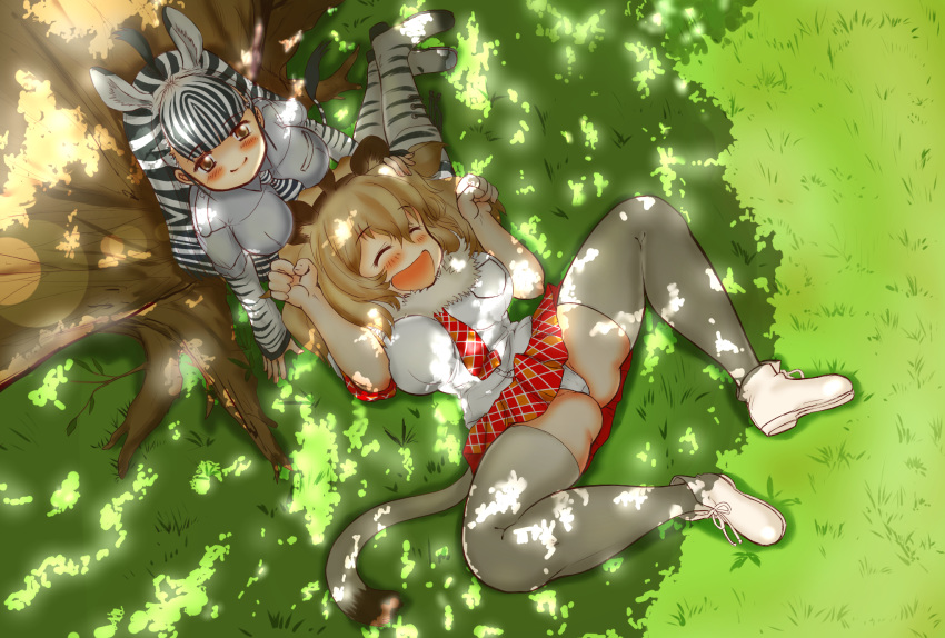 ahoge animal_ears animal_print ass_visible_through_thighs bangs bare_arms black_hair blonde_hair blunt_bangs blush boots breast_pocket brown_eyes brown_hair closed_mouth commentary_request dappled_sunlight day extra_ears eyebrows_visible_through_hair from_above full_body fur_collar grass grey_legwear grey_shirt hair_between_eyes hakumaiya hand_on_another's_head hands_up happy highres impossible_clothes impossible_shirt kemono_friends lap_pillow lion_(kemono_friends) lion_ears lion_tail long_hair long_sleeves looking_up lying multicolored_hair multiple_girls necktie no_nose on_back open_mouth outdoors panties paw_pose plaid plaid_neckwear plaid_skirt plaid_sleeves plains_zebra_(kemono_friends) pocket print_footwear print_neckwear red_skirt shirt shoes short_over_long_sleeves short_sleeves sitting skirt smile spread_legs sunlight tail thighhighs tree tree_branch two-tone_hair under_tree underwear white_hair white_panties white_shirt zebra_ears zebra_print zebra_tail |d