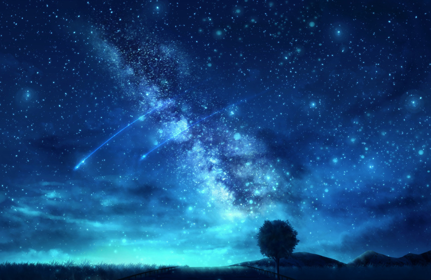 commentary_request czy_(2894456992) galaxy highres milky_way night night_sky no_humans original outdoors scenery shooting_star sky star_(sky) starry_sky tree