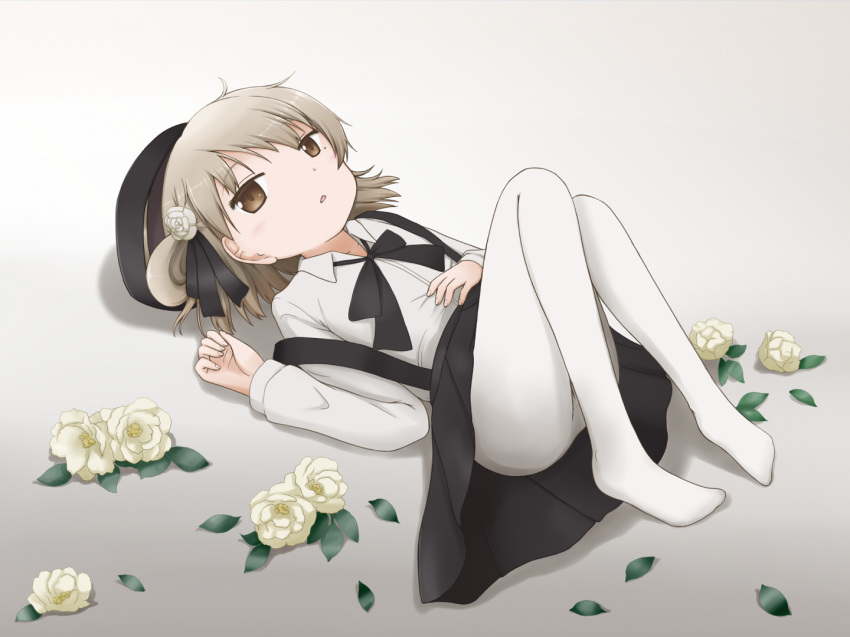 bangs beret black_hat black_ribbon black_skirt blush brown_eyes brown_hair collared_shirt eyebrows_visible_through_hair flower full_body hat hatoba_tsugu hatoba_tsugu_(character) long_sleeves looking_at_viewer lying mole mole_under_eye no_shoes on_back pantyhose ribbon sakura_yuuki shirt short_hair simple_background skirt smile solo suspender_skirt suspenders virtual_youtuber white_legwear white_shirt