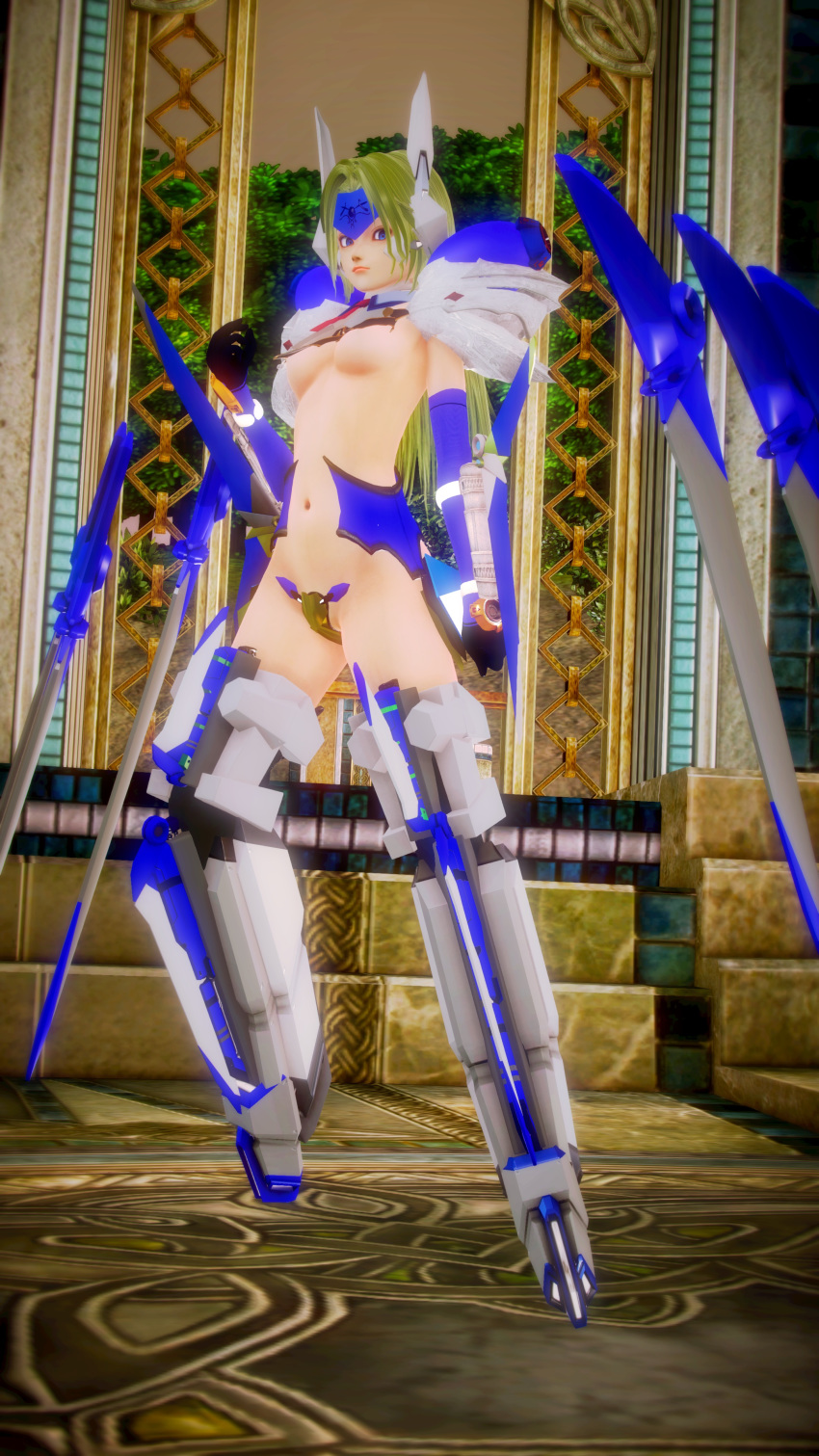 1girl 3d bikini_armor blazblue blonde_hair breasts crotch_plate cyborg mu-12 revealing_clothes small_breasts sword