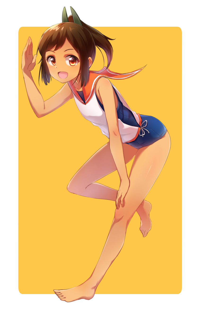 :d barefoot blue_swimsuit brown_hair full_body hand_on_own_knee highres i-401_(kantai_collection) kantai_collection leg_up looking_at_viewer minowa_sukyaru one-piece_swimsuit open_mouth orange_eyes ponytail school_swimsuit shiny shiny_skin shirt sleeveless sleeveless_shirt smile solo standing standing_on_one_leg swimsuit tan white_shirt