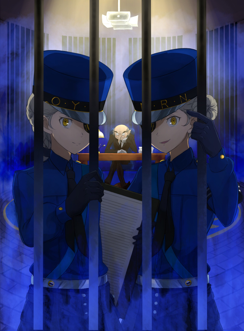 2girls aonoha_ao black_gloves black_jacket black_neckwear black_pants blue_hat caroline_(persona_5) crossed_legs eyepatch formal gloves hat highres igor index_finger_raised jacket justine_(persona_5) long_hair long_nose looking_at_viewer multiple_girls necktie pants parted_lips persona persona_5 ponytail short_hair silver_hair sitting smile uniform velvet_room white_gloves yellow_eyes