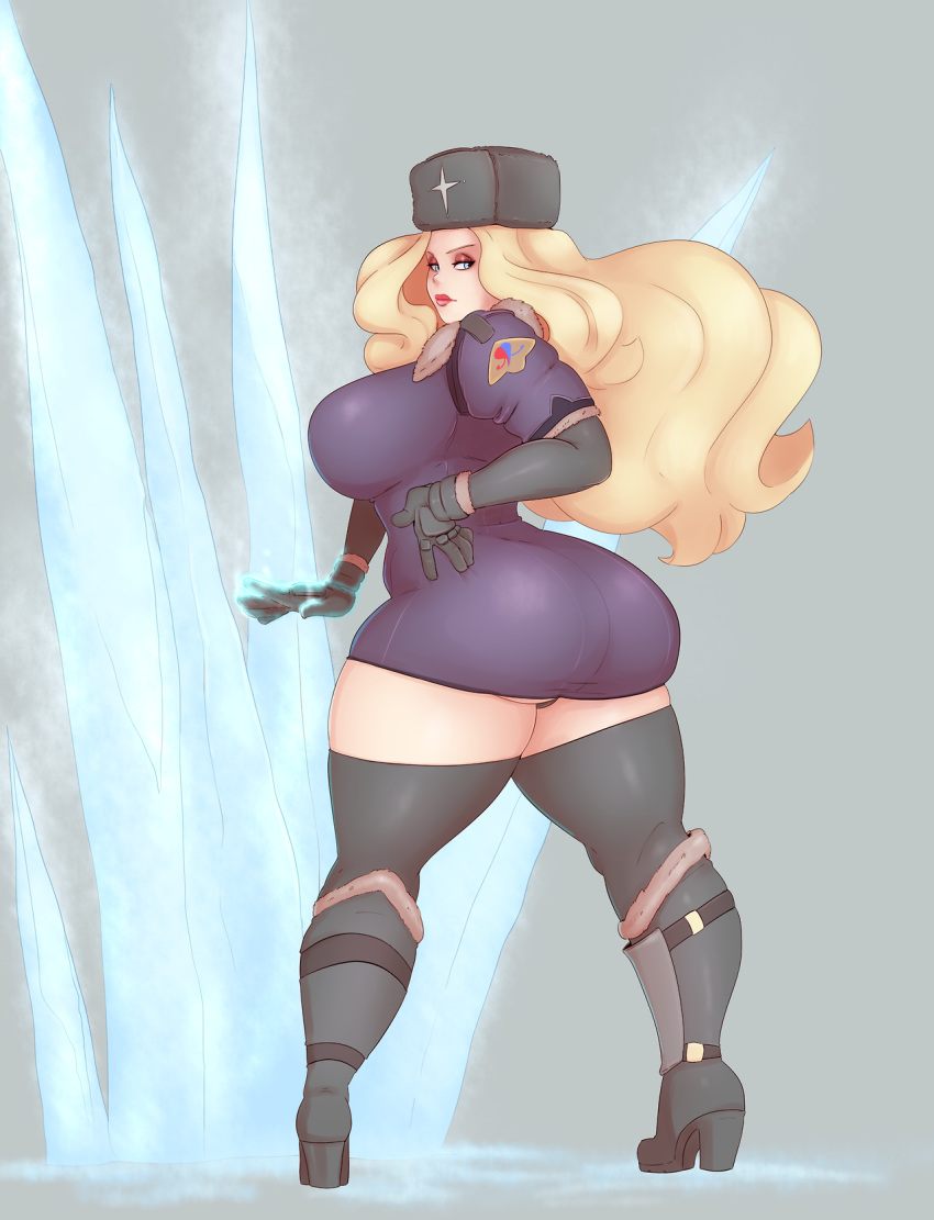 1girl ass blonde_hair hat huge_ass kolin_(street_fighter) long_hair solo street_fighter sunnysundown thick_thighs thighhighs