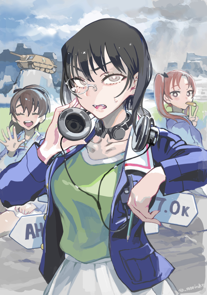 :d arm_rest bangs black_bow black_choker black_eyes black_hair blue_jacket bow bow_choker bright_pupils brown_eyes brown_hair choker closed_eyes closed_mouth cloud cloudy_sky commentary day eating facing_viewer fangs food_in_mouth girls_und_panzer green_shirt ground_vehicle hair_bow hair_ribbon happy headphones headphones_around_neck highres holding jacket jagdpanzer_38(t) kadotani_anzu kawashima_momo koyama_yuzu light_frown long_hair long_sleeves looking_at_viewer looking_back military military_uniform military_vehicle miniskirt monocle motor_vehicle mountain mouth_hold multiple_girls norinco ooarai_military_uniform open_clothes open_jacket open_mouth outdoors overcast parted_bangs pencil pleated_skirt ribbon semi-rimless_eyewear shirt short_hair short_ponytail signpost silver-framed_eyewear sitting skirt sky smile standing sweat tank throat_microphone twintails twitter_username under-rim_eyewear unhappy uniform v waving white_skirt