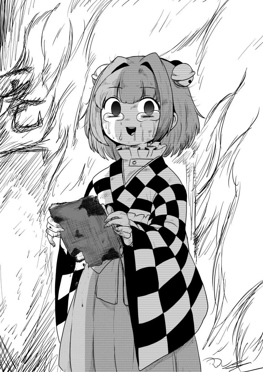 absurdres bangs bell book burnt checkered commentary_request crying crying_with_eyes_open drooling empty_eyes eyebrows_visible_through_hair fire greyscale hair_bell hair_intakes hair_ornament highres himajin_noizu holding holding_book long_sleeves looking_at_viewer monochrome motoori_kosuzu open_mouth saliva short_hair solo sweat tears touhou wide_sleeves