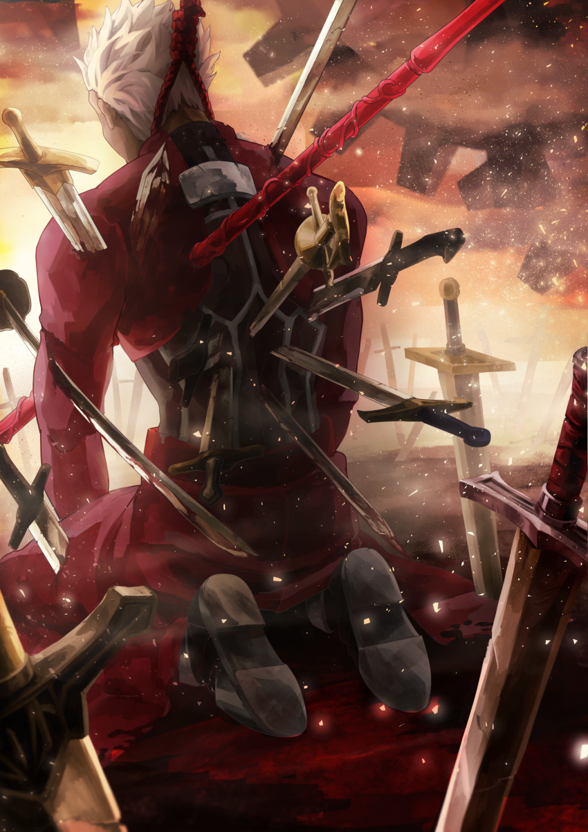 absurdres archer fate/stay_night fate_(series) from_behind full_body gae_bolg hanged highres kneeling male_focus silver_hair sknsknss solo stabbed unlimited_blade_works