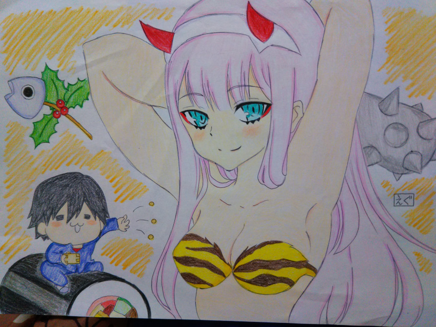 1boy 1girl armpits arms_behind_head arms_up bandeau bangs beans black_hair blush box bra breasts caveman cleavage club collarbone convenient_arm cosplay couple darling_in_the_franxx egg-chan emphasis_lines eyebrows_visible_through_hair fringe green_eyes groin hair_ornament hairband hetero hiro_(darling_in_the_franxx) holding holding_weapon horns kanabou long_hair looking_at_viewer lum lum_(cosplay) medium_breasts oni_horns panties pink_hair red_horns setsubun short_hair smile strapless_bra throwing tiger_print urusei_yatsura weapon weapon_on_back white_hairband yellow_bra zero_two_(darling_in_the_franxx)