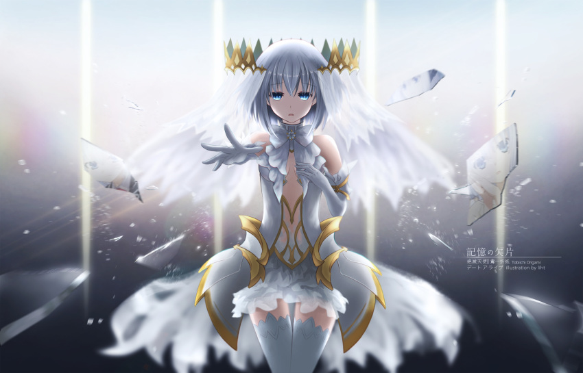 bare_shoulders blue_eyes breasts broken center_opening character_name cleavage cleavage_cutout copyright_name cowboy_shot crown date_a_live dress elbow_gloves frown gloves hand_on_own_chest highres liht looking_at_viewer open_mouth outstretched_hand reaching_out reflection shards short_hair silver_hair sleeveless sleeveless_dress small_breasts solo thighhighs tobiichi_origami veil white_dress white_legwear
