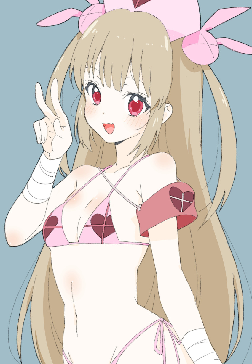 absurdres armband bandages bikini blush bunny_hair_ornament commentary donguri_suzume fang hair_ornament hat heart highres light_brown_hair long_hair looking_at_viewer natori_sana navel nurse_cap open_mouth pink_hat red_eyes sana_channel solo swimsuit two_side_up v very_long_hair virtual_youtuber