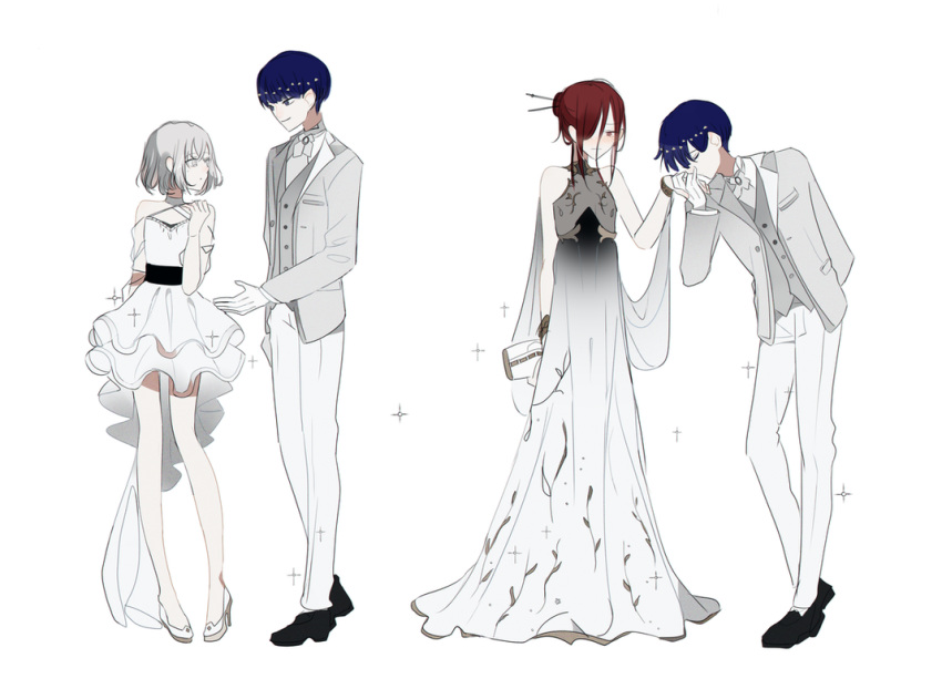 alternate_costume alternate_hairstyle androgynous bangs bare_shoulders blue_eyes blue_hair blunt_bangs blush closed_eyes diamond_(houseki_no_kuni) dress dual_persona formal full_body gloves grey_suit hair_bun hair_ornament hair_over_one_eye hair_stick hand_kiss height_difference high_heels holding_hands houseki_no_kuni kiss long_dress looking_at_another mina_hiragi multiple_others phosphophyllite phosphophyllite_(ll) red_eyes red_hair see-through shinsha_(houseki_no_kuni) short_hair smile sparkle spoilers suit tied_hair vest white_background white_dress white_eyes white_hair