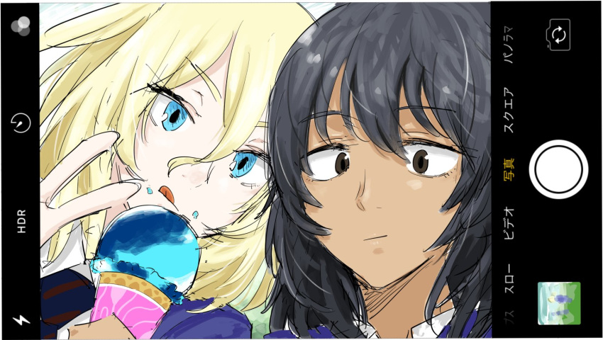 :q andou_(girls_und_panzer) bangs bc_freedom_school_uniform black_hair blonde_hair blue_eyes brown_eyes closed_eyes closed_mouth commentary dark_skin eyebrows_visible_through_hair face food food_on_face girls_und_panzer highres holding holding_food ice_cream looking_at_viewer medium_hair messy_hair multiple_girls osatou oshida_(girls_und_panzer) phone_screen sketch smile tongue tongue_out translated