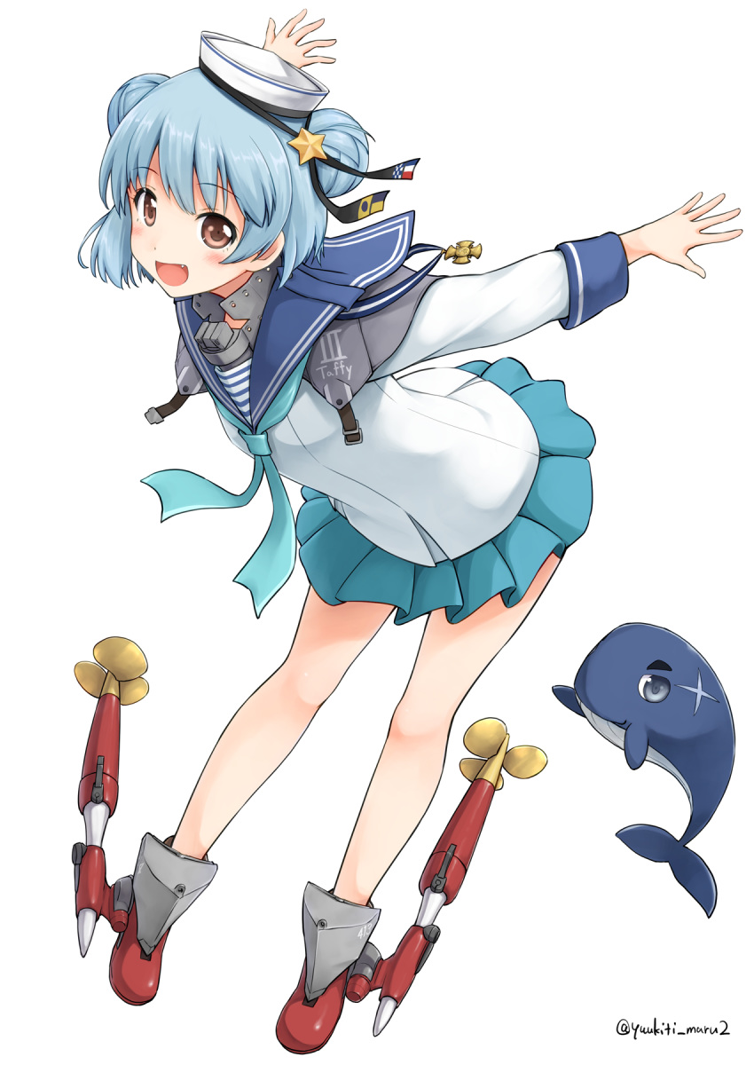 aqua_neckwear aqua_skirt black_ribbon blue_hair brown_eyes dixie_cup_hat double_bun full_body hat hat_ribbon highres kantai_collection long_sleeves military_hat miniskirt navy_cross neckerchief open_mouth pleated_skirt ribbon samuel_b._roberts_(kantai_collection) school_uniform shirt short_hair simple_background skirt whale white_background white_hat white_shirt yuuki_kazuhito