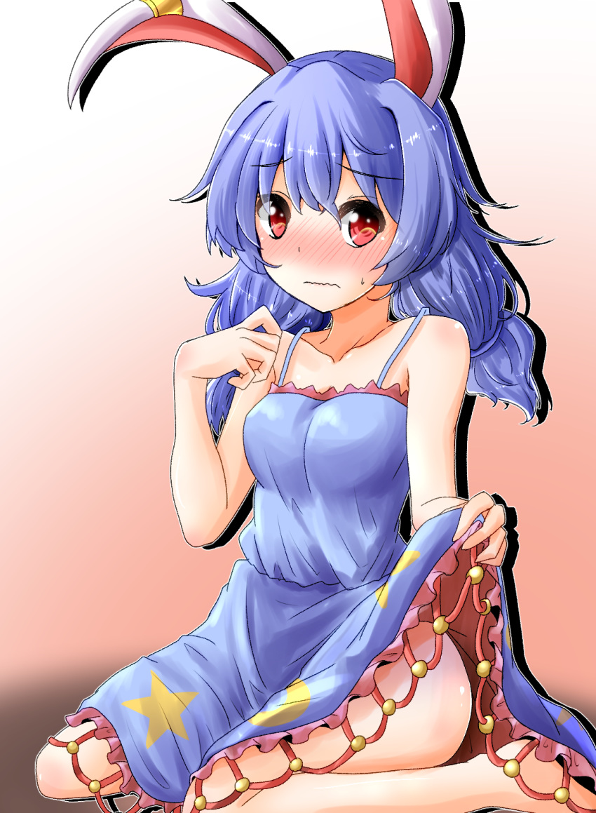 bare_shoulders bloomers blue_dress blush breasts bunny_ears bunny_tail collarbone crescent crescent_print dress ear_clip embarrassed floppy_ears gradient gradient_background highres kine medium_breasts oshiaki red_eyes seiran_(touhou) seiza sitting stain star star_print tail touhou underwear wavy_mouth