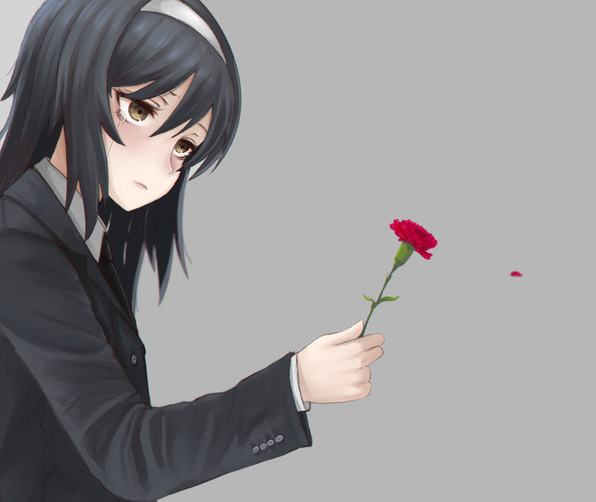 bangs black_hair black_jacket black_neckwear blurry blurry_background brown_eyes carnation commentary crying crying_with_eyes_open dress_shirt flower formal from_side frown girls_und_panzer grey_background hairband highres holding holding_flower jacket long_hair mourning necktie petals reizei_mako sad shirt solo standing tacch tears upper_body white_hairband white_shirt wind