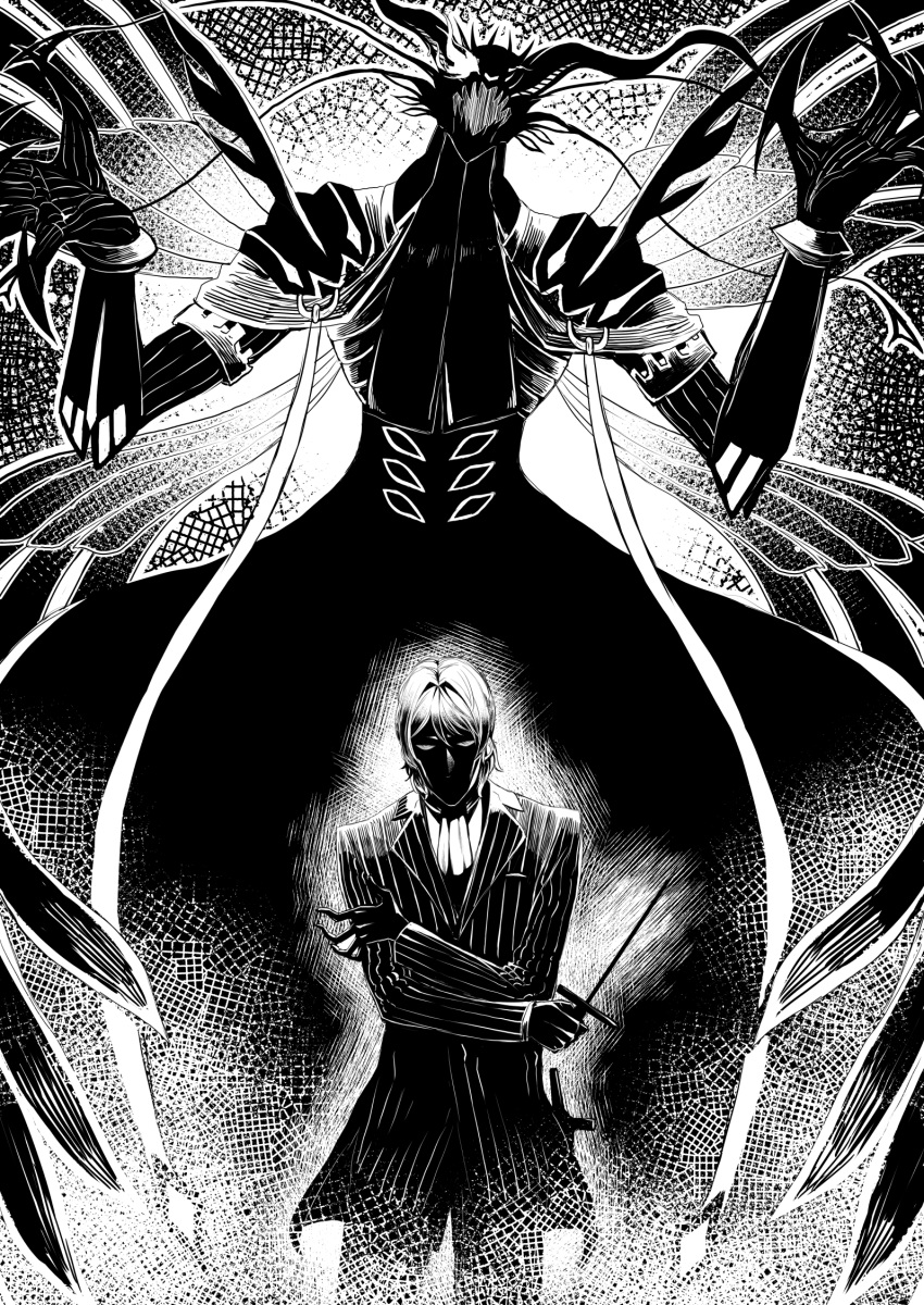 antonio_salieri_(fate/grand_order) claws coat commentary cravat facing_viewer fate/grand_order fate_(series) greyscale highres holding knife long_sleeves male_focus monochrome monster nakamura_regura pants solo standing stiletto_(weapon) striped