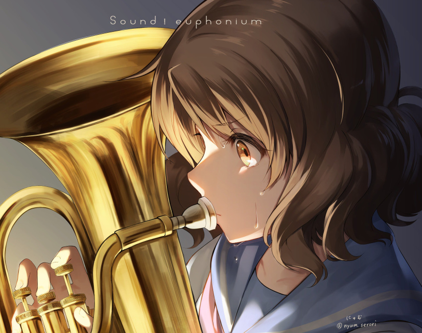 brown_eyes brown_hair commentary copyright_name euphonium eyebrows_visible_through_hair from_side hibike!_euphonium highres holding holding_instrument instrument music nyum oumae_kumiko pink_neckwear playing_instrument profile school_uniform serafuku shiny short_hair solo sweat twitter_username wavy_hair