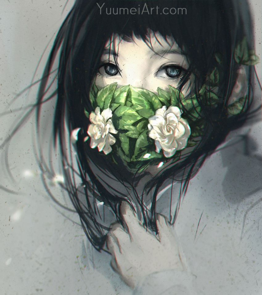 black_hair blue_eyes commentary flower highres leaf long_hair long_sleeves looking_at_viewer mask original portrait solo watermark web_address wenqing_yan