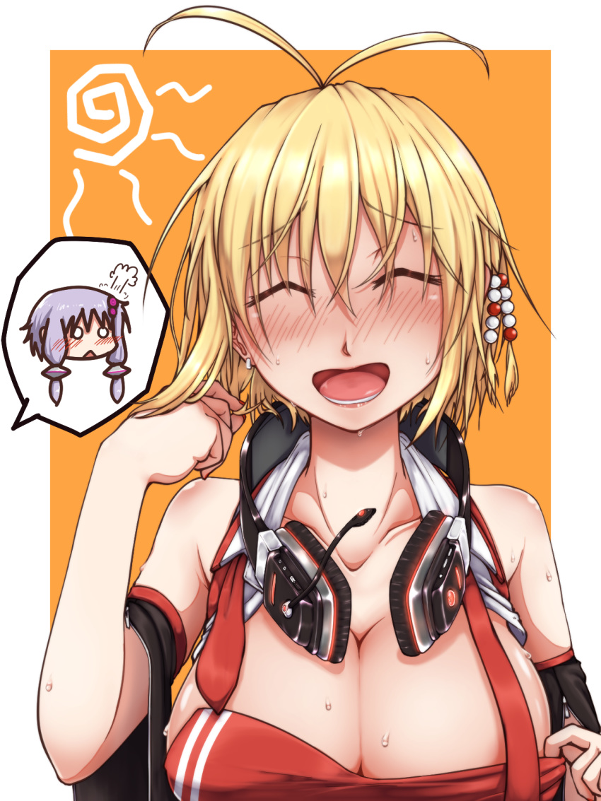 alternate_hair_length alternate_hairstyle antenna_hair blonde_hair blush breasts chibi chibi_inset cleavage commentary_request detached_sleeves headset highres large_breasts long_hair multiple_girls necktie open_mouth purple_hair red_neckwear short_hair_with_long_locks tsurumaki_maki usui_ryuusan vocaloid voiceroid yuzuki_yukari