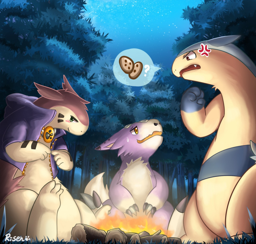 ambiguous_gender angry blush campfire clothing digimon dorumon forest group jacket night nintendo pok&eacute;mon pok&eacute;mon_(species) risenpaw star tree typhlosion video_games