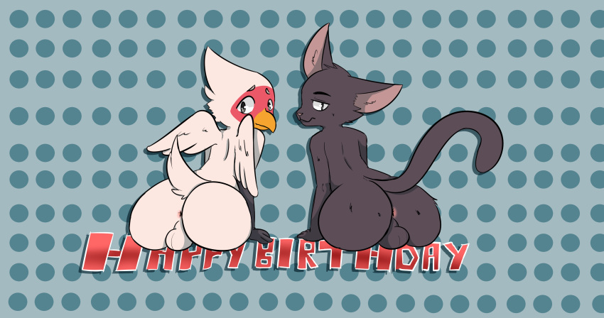 anthro anus avian backsack balls beak bird butt cat duo feline isaac_(dosent) looking_back male male/male mammal martin_(dosent) raised_tail simple_background sitting take_your_pick thepolygonheart