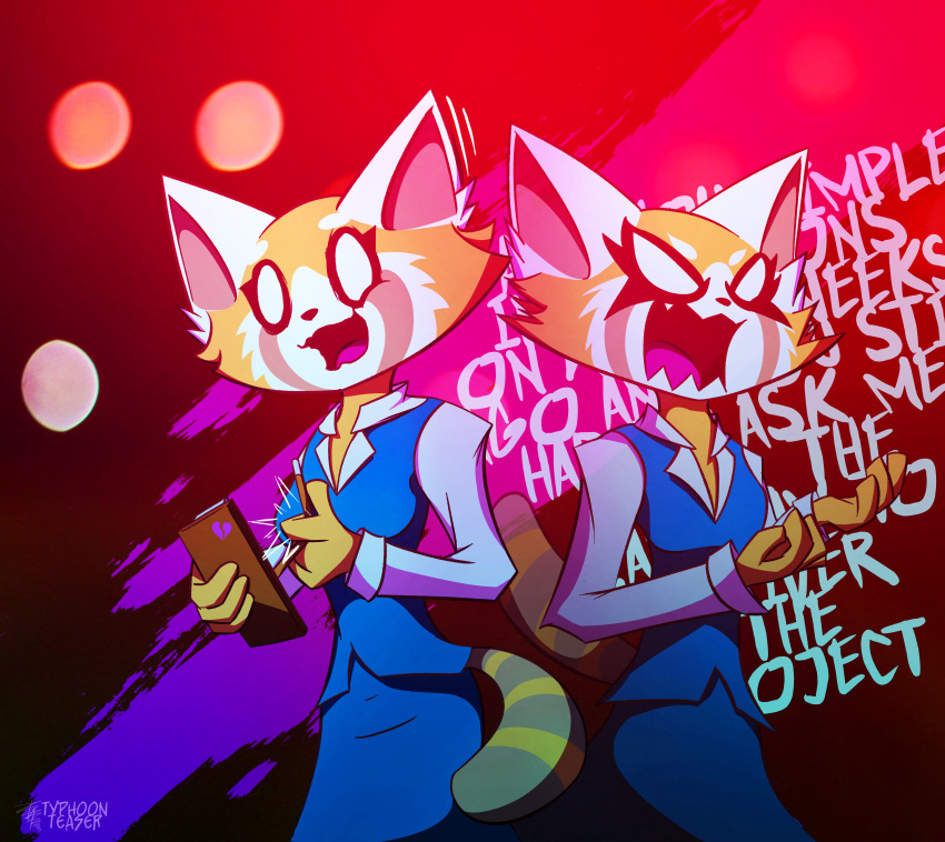 2018 abstract_background aggressive_retsuko anthro breasts clothed clothing digital_media_(artwork) female holding_object mammal red_panda retsuko sanrio skirt standing text typhoonteaser