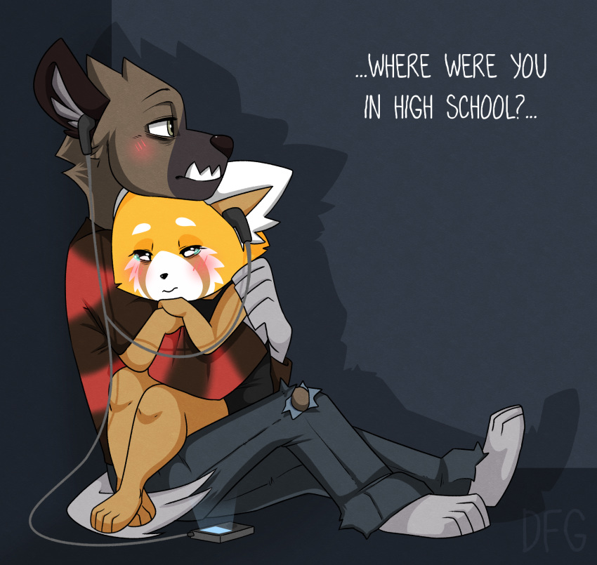 2018 aggressive_retsuko anthro blush clothed clothing dialogue digital_media_(artwork) dragonfoxgirl female fur haida headphones hi_res hyena male male/female mammal on_lap red_panda retsuko sanrio simple_background tears