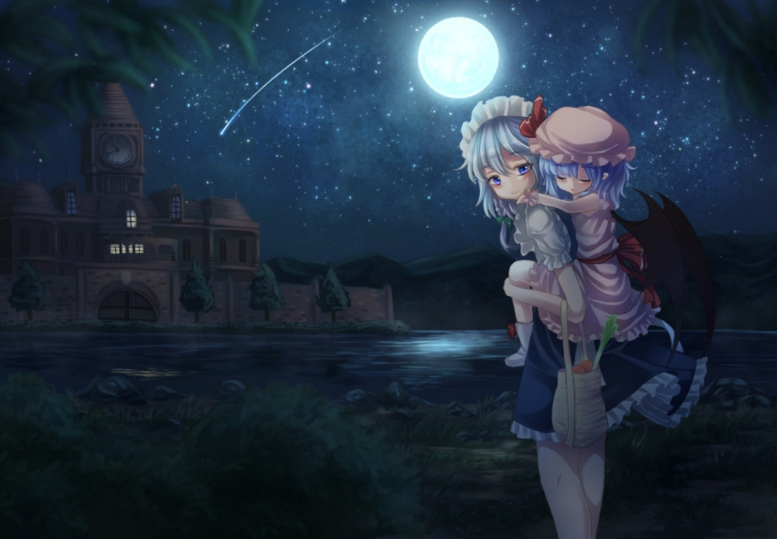 2girls food grass hat izayoi_sakuya loli maid moon night remilia_scarlet scenic stars t.m_(aqua6233) touhou vampire water wings