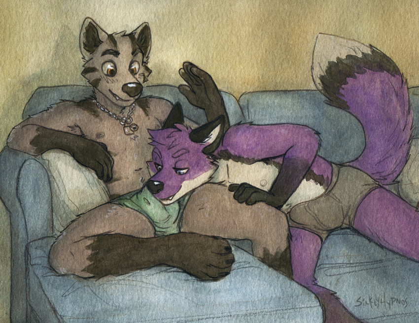 black_fur black_nose blue_eyes briefs brown_eyes bulge canine clothing crotch_sniffing dog duo fox fur grey_fur jewelry male male/male mammal musk musk_play navel necklace nipples purple_fur sicklyhypnos sitting sofa underwear white_fur