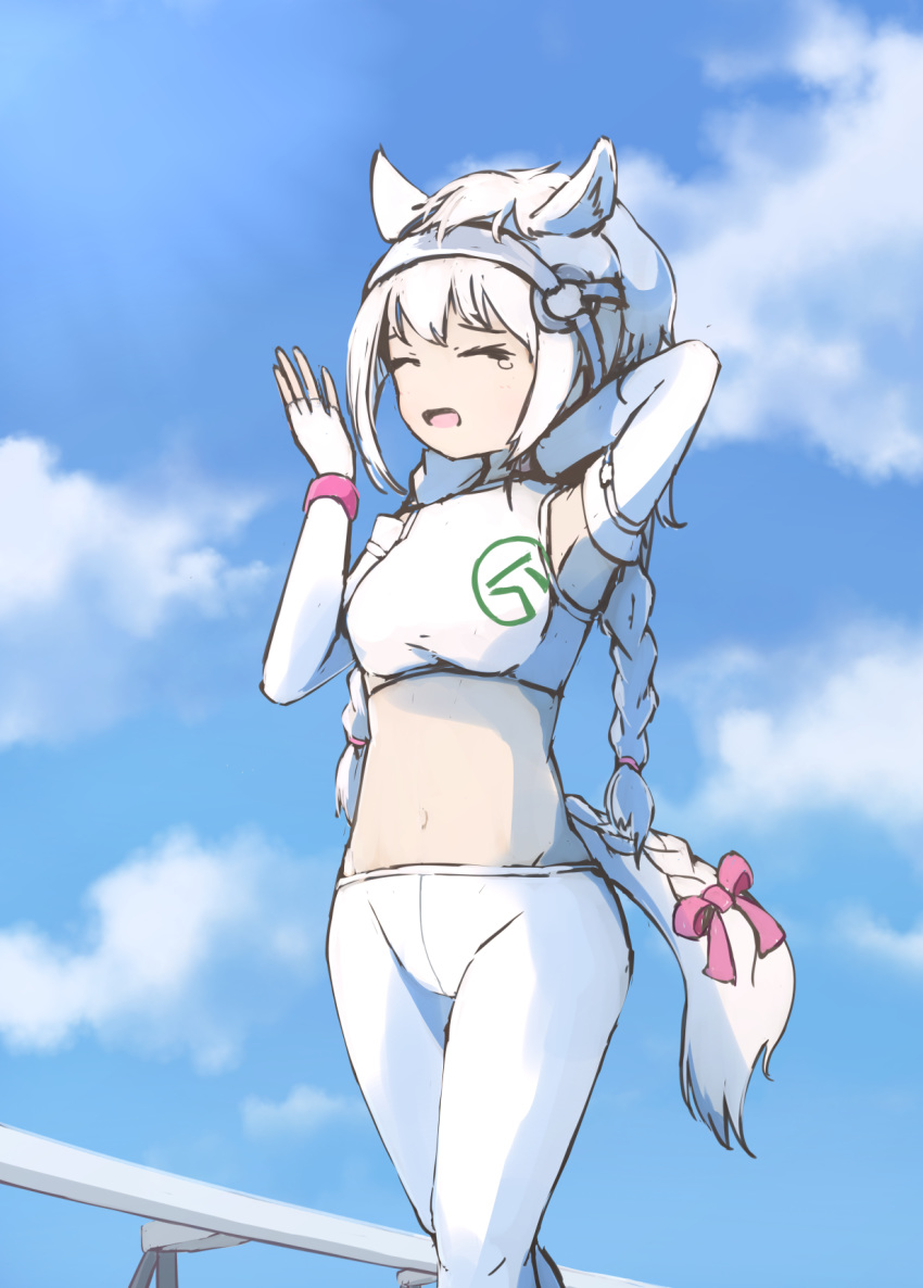 animal_ears bow braid braided_tail bridle commentary_request elbow_gloves gloves hand_on_neck hand_over_face highres horse_ears horse_girl horse_tail japan_racing_association kemono_friends logo long_hair pantyhose solo sports_bra sportswear suginakara_(user_ehfp8355 tail tail_bow white_hair white_legwear white_sports_bra white_thoroughbred_(kemono_friends) yawning