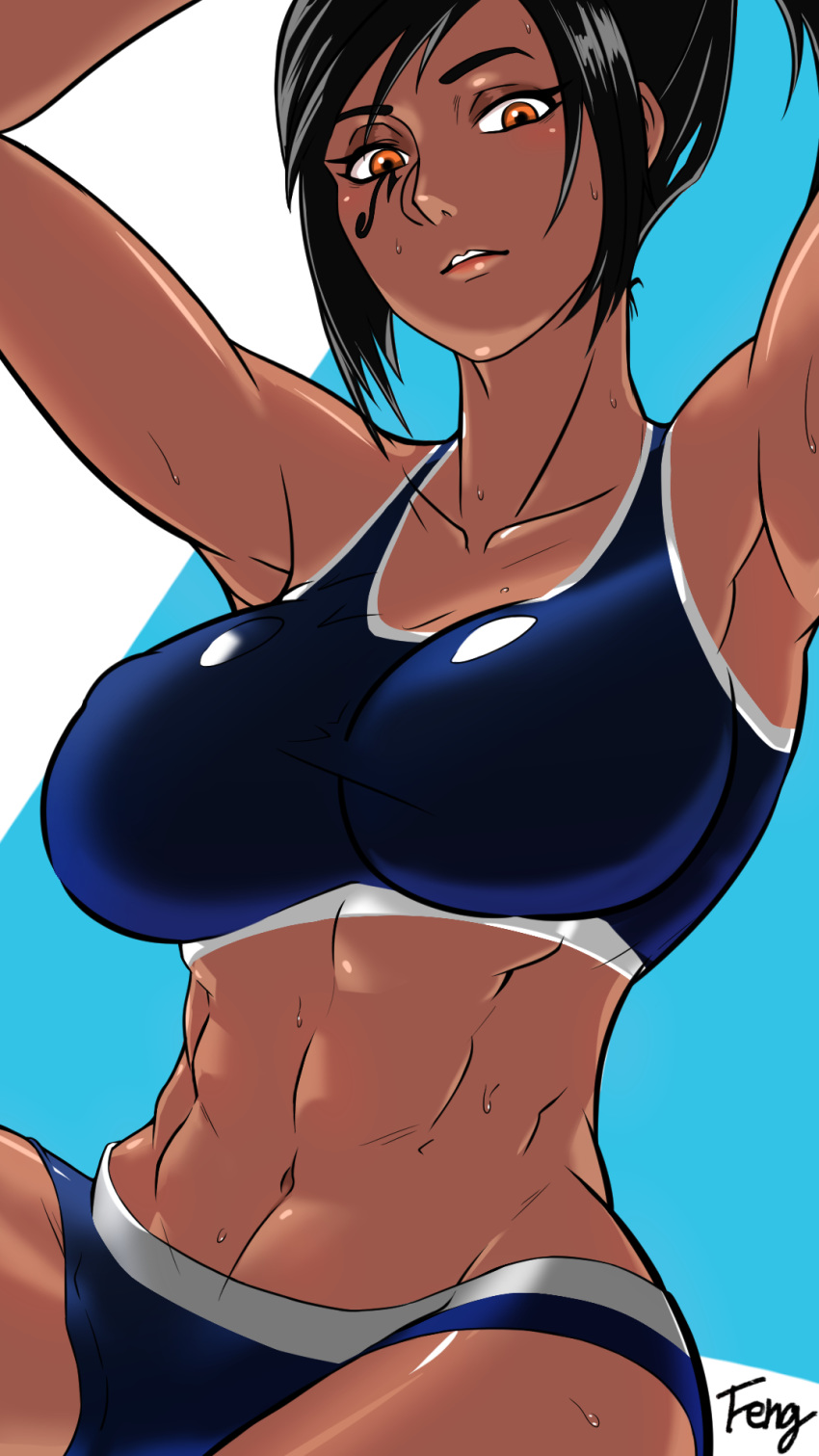 armpits arms_up black_hair commentary_request dark_skin feng_(howard8580) highres overwatch pharah_(overwatch) shorts sports_bra sweat