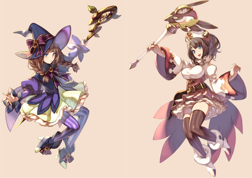 2girls :d ankle_boots blue_eyes boots bow braid breasts brown_hair brown_legwear closed_mouth dress eyebrows_visible_through_hair hand_up hat hat_bow high_heel_boots high_heels highres holding holding_staff juliet_sleeves kotatsu_(g-rough) large_breasts long_sleeves looking_at_viewer mole mole_under_eye multiple_girls open_mouth original pantyhose pink_background puffy_sleeves purple_bow purple_dress purple_hat simple_background smile staff striped striped_legwear twin_braids vertical_stripes wide_sleeves witch_hat