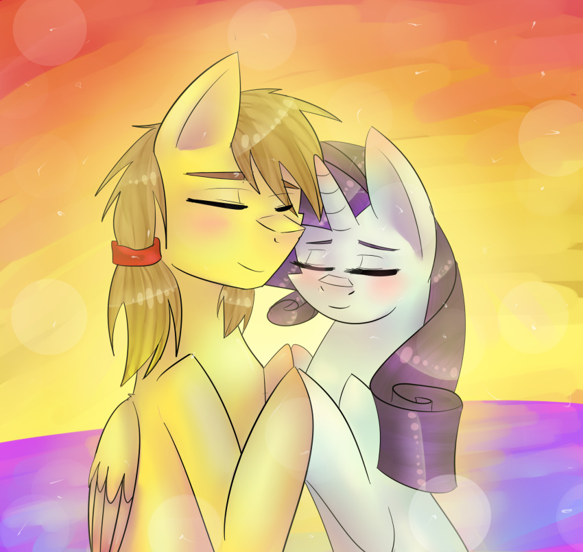 beard brishii brown_hair cuddling duo equine facial_hair fan_character feathered_wings feathers female feral friendship_is_magic fur hair hi_res hooves horn male mammal my_little_pony pegasus ponytail purple_hair rarity_(mlp) rory_kenneigh sunset unicorn unknown_artist white_fur wings yellow_fur