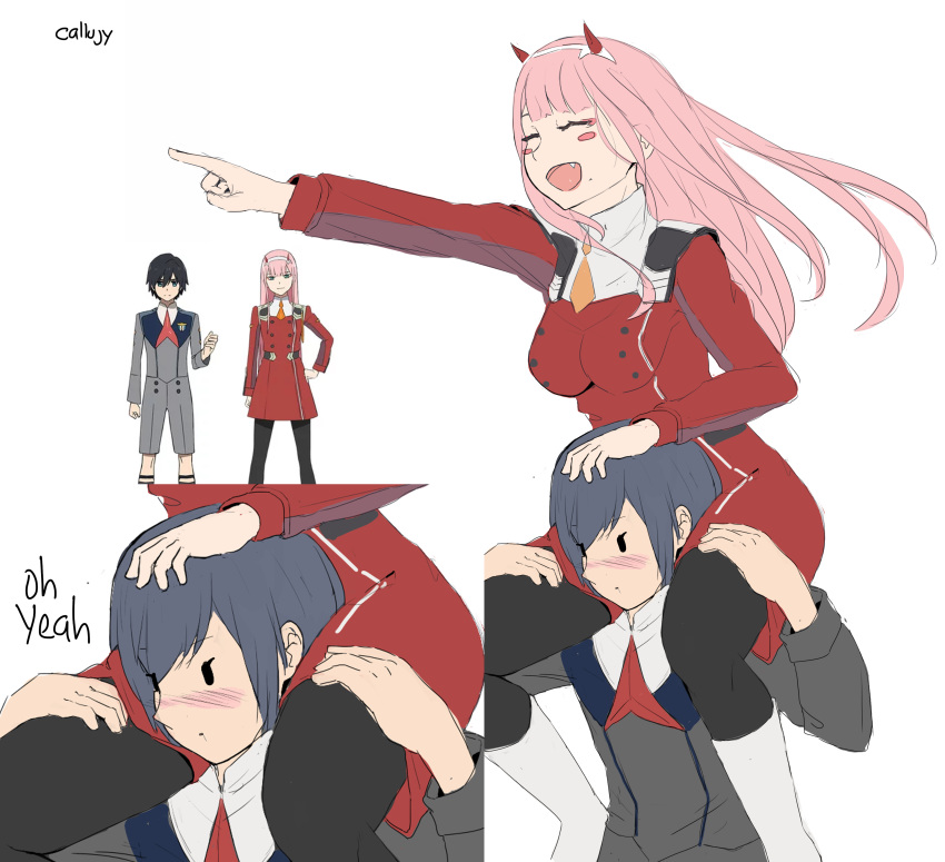 1boy 1girl bangs black_hair black_legwear blush blush_stickers boots breasts callu_jy couple darling_in_the_franxx english eyes_closed fringe hair_ornament hairband hand_on_another's_head hand_on_another's_leg hetero hiro_(darling_in_the_franxx) horns large_breasts long_hair long_sleeves military military_uniform necktie oni_horns orange_neckwear pantyhose pink_hair pointing_forward red_horns red_neckwear short_hair sitting_on_shoulder uniform white_footwear white_hairband zero_two_(darling_in_the_franxx)