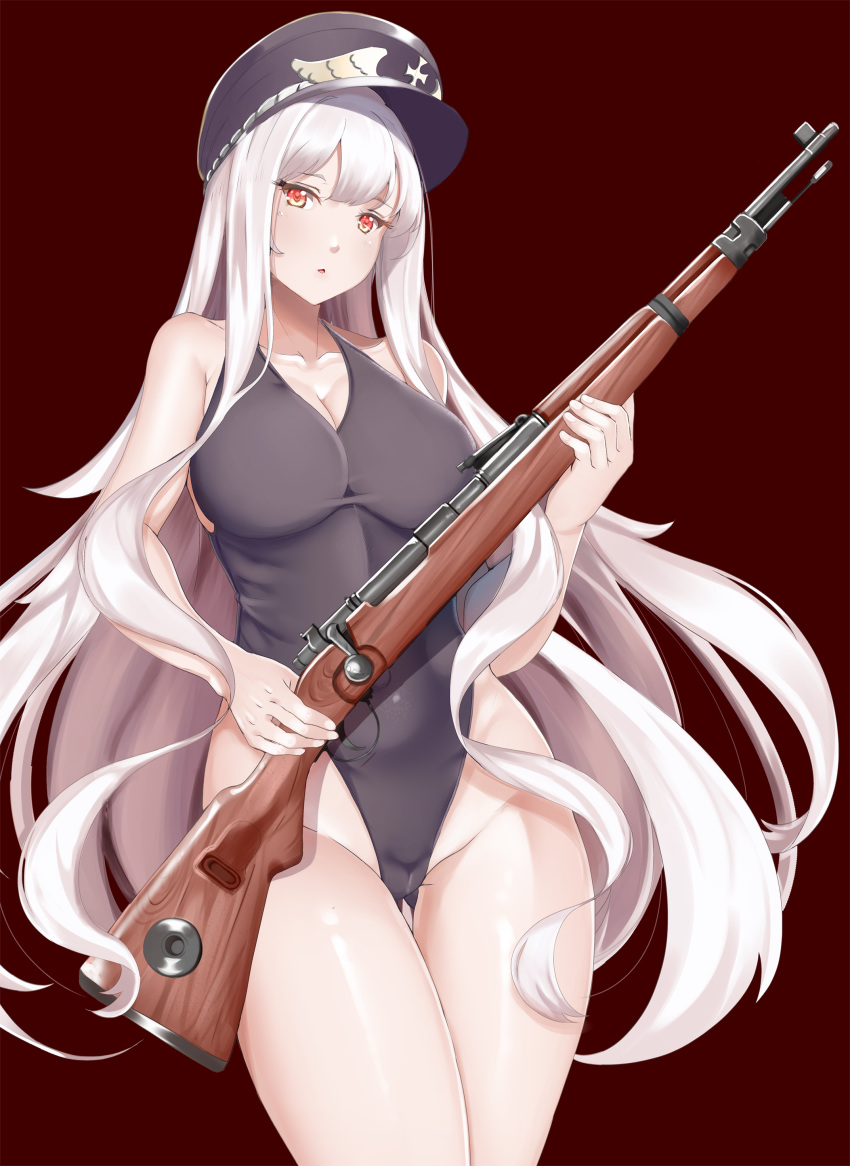 :o absurdres alternate_costume ass_visible_through_thighs bangs bare_shoulders black_leotard blush bolt_action breasts cameltoe chiyo_goya cleavage collarbone commentary eyebrows_visible_through_hair girls_frontline groin gun hair_between_eyes hat highleg highleg_leotard highres holding holding_gun holding_weapon iron_cross kar98k_(girls_frontline) large_breasts leotard long_hair looking_at_viewer mauser_98 open_mouth peaked_cap red_background red_eyes rifle shiny shiny_skin sidelocks simple_background solo thighs very_long_hair weapon white_hair