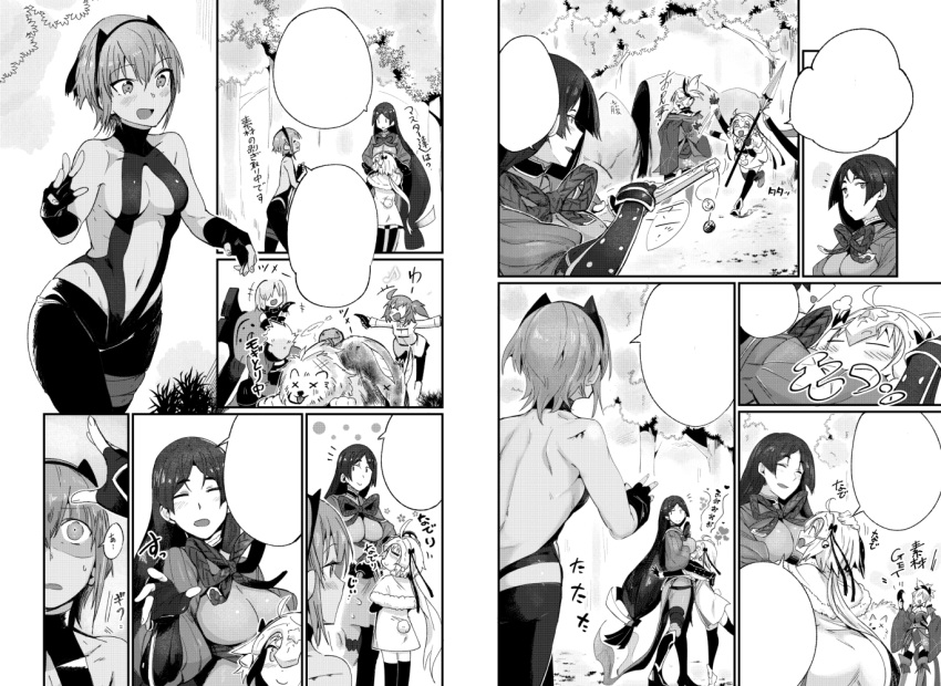 6+girls blank_speech_bubble blush breasts closed_eyes comic dark_skin fate/grand_order fate_(series) fingerless_gloves fujimaru_ritsuka_(female) gloves greyscale hairband hassan_of_serenity_(fate) holding holding_sword holding_weapon hug jeanne_d'arc_(fate)_(all) jeanne_d'arc_alter_santa_lily large_breasts mash_kyrielight minamoto_no_raikou_(fate/grand_order) miyamoto_musashi_(fate/grand_order) monochrome multiple_girls revealing_clothes sample shaded_face smile speech_bubble sword torichamaru translation_request tree weapon x_x