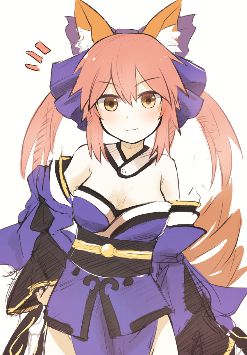 1girl animal_ear_fluff animal_ears bare_shoulders bow breasts cleavage fate_(series) fox_ears fox_tail hair_bow highres japanese_clothes pink_hair rogu_(log_264) smile tail tamamo_(fate)_(all) yellow_eyes