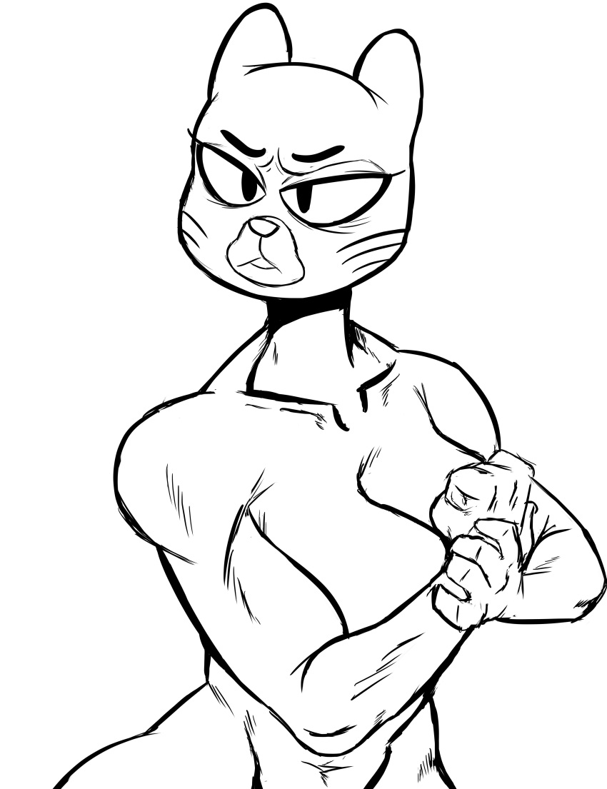 2018 5_fingers anthro breasts cartoon_network cat cleavage clothed clothing digital_media_(artwork) feline female flexing isolatedartest_(artist) mammal mature_female monochrome mrs._senicourt muscular nude solo standing the_amazing_world_of_gumball whiskers