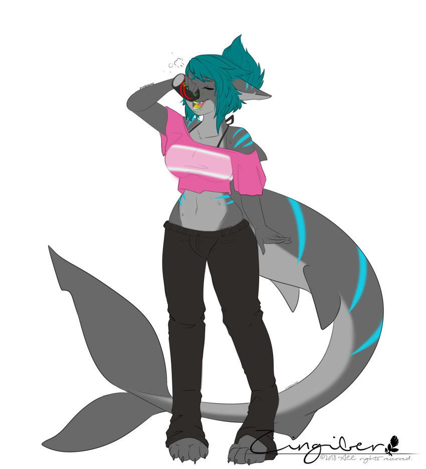 4_toes 5_fingers bra breasts claws clothed clothing cute energy_drink eyes_closed female fish front_view holding_object lynn lynnshark marine raised_arm shark sketch solo thirsty toe_claws toes underwear zingiber