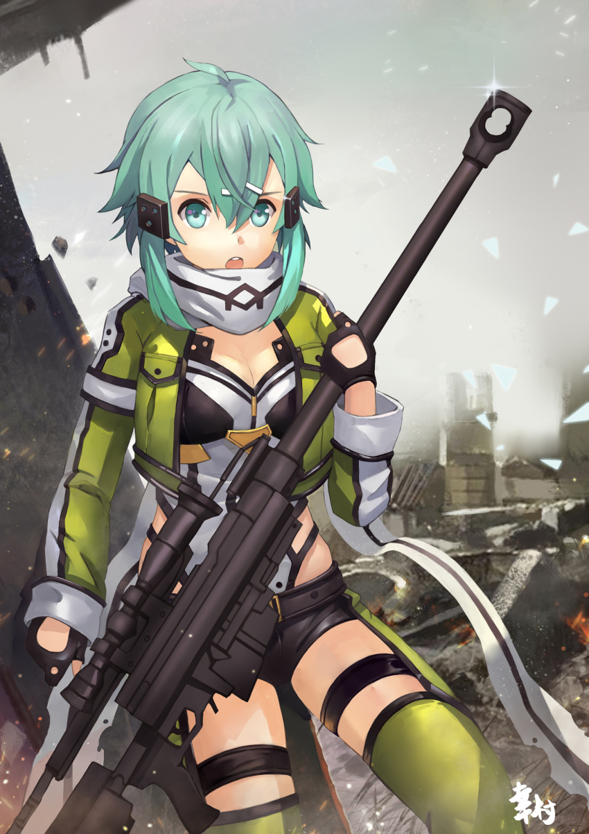 aqua_eyes aqua_hair black_gloves black_shorts breasts cleavage cloud fingerless_gloves gloves green_jacket green_legwear grey_scarf gun hair_between_eyes hair_ornament hairclip highres holding holding_gun holding_weapon insoom jacket leotard looking_at_viewer medium_breasts open_clothes open_jacket open_mouth outdoors pgm_hecate_ii ruins scarf short_hair_with_long_locks short_shorts shorts sidelocks sinon solo sword_art_online thigh_strap thighhighs torn_scarf weapon