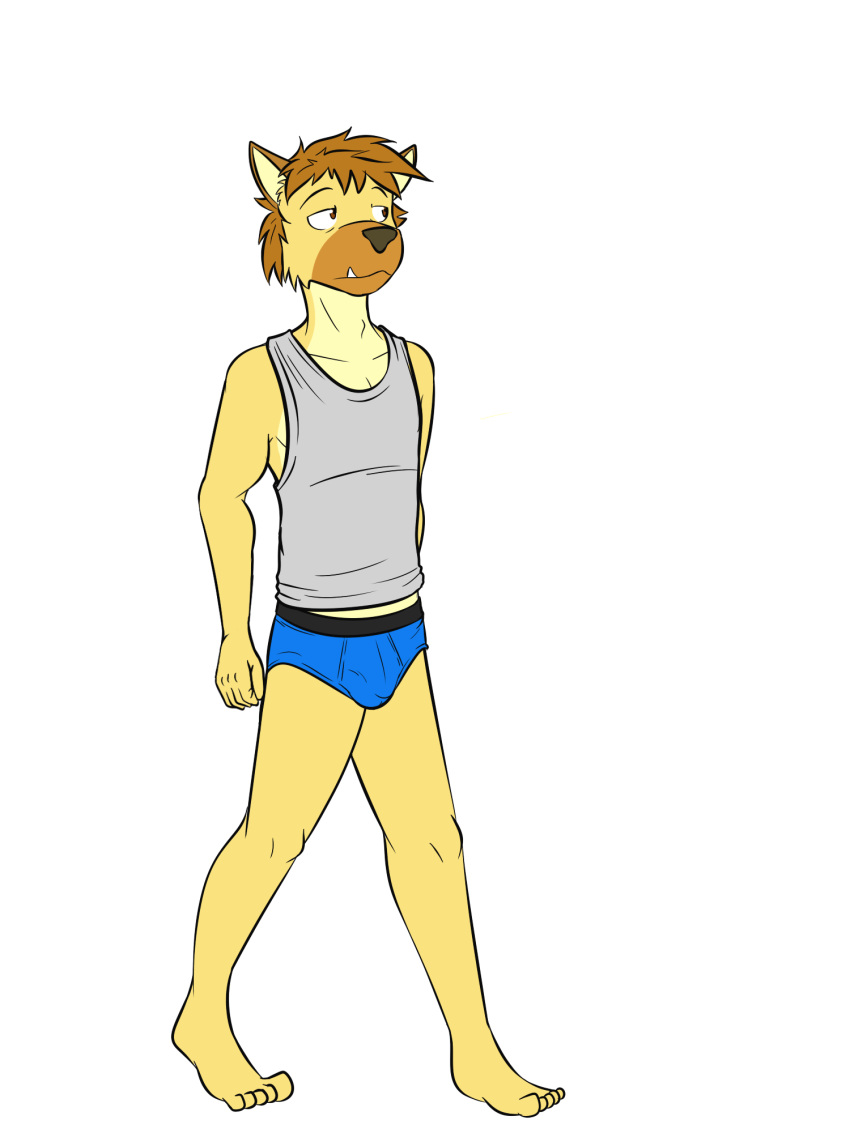 anthro barefoot bedhead blue_underwear briefs clothing fuze fuze_hyena gray_shirt male shirt simple_background solo tank_top teeth underwear white_background