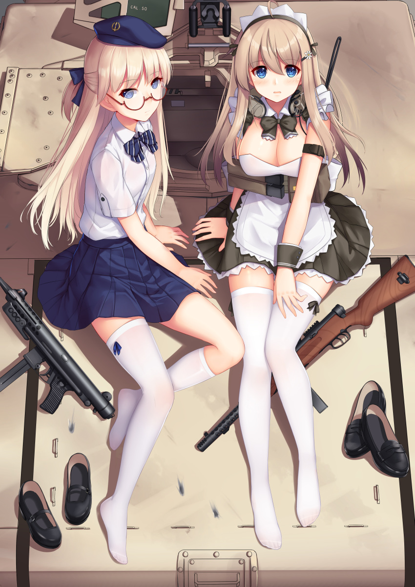absurdres allenes apron asymmetrical_legwear beret beretta_model_38 beretta_model_38_(girls_frontline) black_dress black_footwear black_neckwear blonde_hair blue_eyes blue_hat blue_neckwear blue_skirt bow bowtie breasts browning_m2 cleavage collared_shirt commentary_request day diagonal_stripes dress dress_shirt girls_frontline glasses ground_vehicle gun hair_ornament hairclip hat highres humvee loafers long_hair looking_at_viewer machine_gun maid_headdress mary_janes medium_breasts motor_vehicle multiple_girls no_shoes object_namesake on_vehicle outdoors pleated_dress pleated_skirt red-framed_eyewear round_eyewear semi-rimless_eyewear shirt shoes shoes_removed short_sleeves sideways_hat sitting skirt star_z-62 striped striped_neckwear thighhighs under-rim_eyewear vehicle_request very_long_hair weapon white_apron white_legwear white_shirt wrist_cuffs z-62_(girls_frontline)