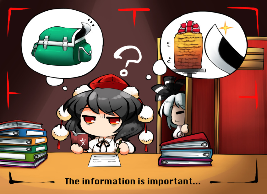 :3 =_= ? backpack bag binder black_hair book english hairband hat kashuu_(b-q) konpaku_youmu multiple_girls paper pencil pom_pom_(clothes) shameimaru_aya shawarma short_hair silver_hair sword thought_bubble tokin_hat touhou translated weapon