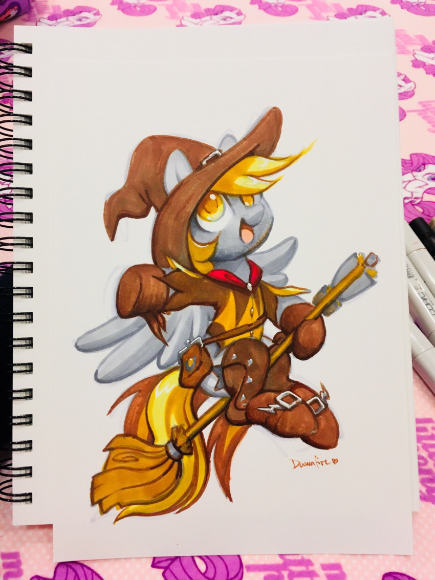 &lt;3 2018 blonde_hair broom celebi-yoshi clothed clothing costume cute derp_eyes derpy_hooves_(mlp) equine feathered_wings feathers female feral flying friendship_is_magic gloves grey_feathers hair hat hi_res hooves mammal mercy_(overwatch) my_little_pony open_mouth open_smile overwatch paper pegasus photo portrait rarity_(mlp) satchel signature sketchbook smile solo tongue traditional_media_(artwork) video_games wings witch_hat yellow_eyes