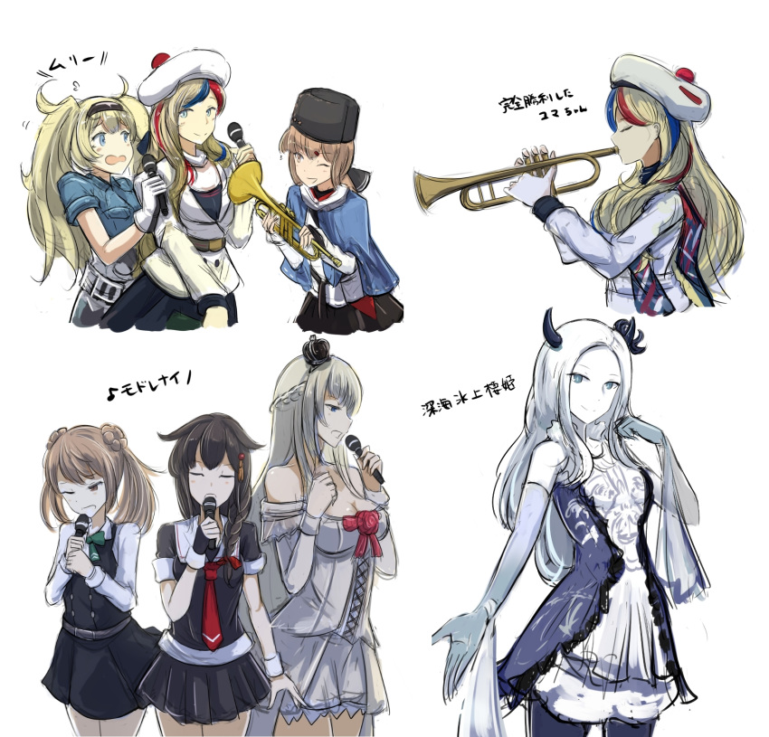 6+girls ahoge belt beret black_belt black_bow black_hair black_hat black_skirt blonde_hair blue_eyes blue_hair blue_shawl blue_shirt bow braid breast_pocket breasts brown_eyes brown_hair character_request closed_mouth collared_shirt commandant_teste_(kantai_collection) commentary_request corset crown double-breasted double_bun dress eyes_closed fingerless_gloves flower french_braid french_flag french_text gambier_bay_(kantai_collection) gloves hair_between_eyes hair_bow hair_bun hair_flaps hair_ornament hair_over_shoulder hair_ribbon hairband hairclip hat highres jacket kantai_collection karaoke large_breasts light_brown_hair long_hair long_sleeves low_twintails medium_breasts michishio_(kantai_collection) microphone mini_crown mizuchi_(mizuchi7118) multicolored multicolored_clothes multicolored_hair multicolored_scarf multiple_girls music neckerchief off-shoulder_dress off_shoulder one_eye_closed pale_skin papakha pinafore_dress pleated_skirt pocket pom_pom_(clothes) ponytail red_flower red_hair red_neckwear red_ribbon red_rose red_shirt remodel_(kantai_collection) ribbon ribbon_trim rose scarf school_uniform serafuku shawl shigure_(kantai_collection) shirt short_sleeves short_twintails shorts simple_background singing single_braid skirt smile streaked_hair tashkent_(kantai_collection) torn_scarf translation_request twintails untucked_shirt warspite_(kantai_collection) wavy_hair white_background white_dress white_hair white_jacket white_scarf white_shirt